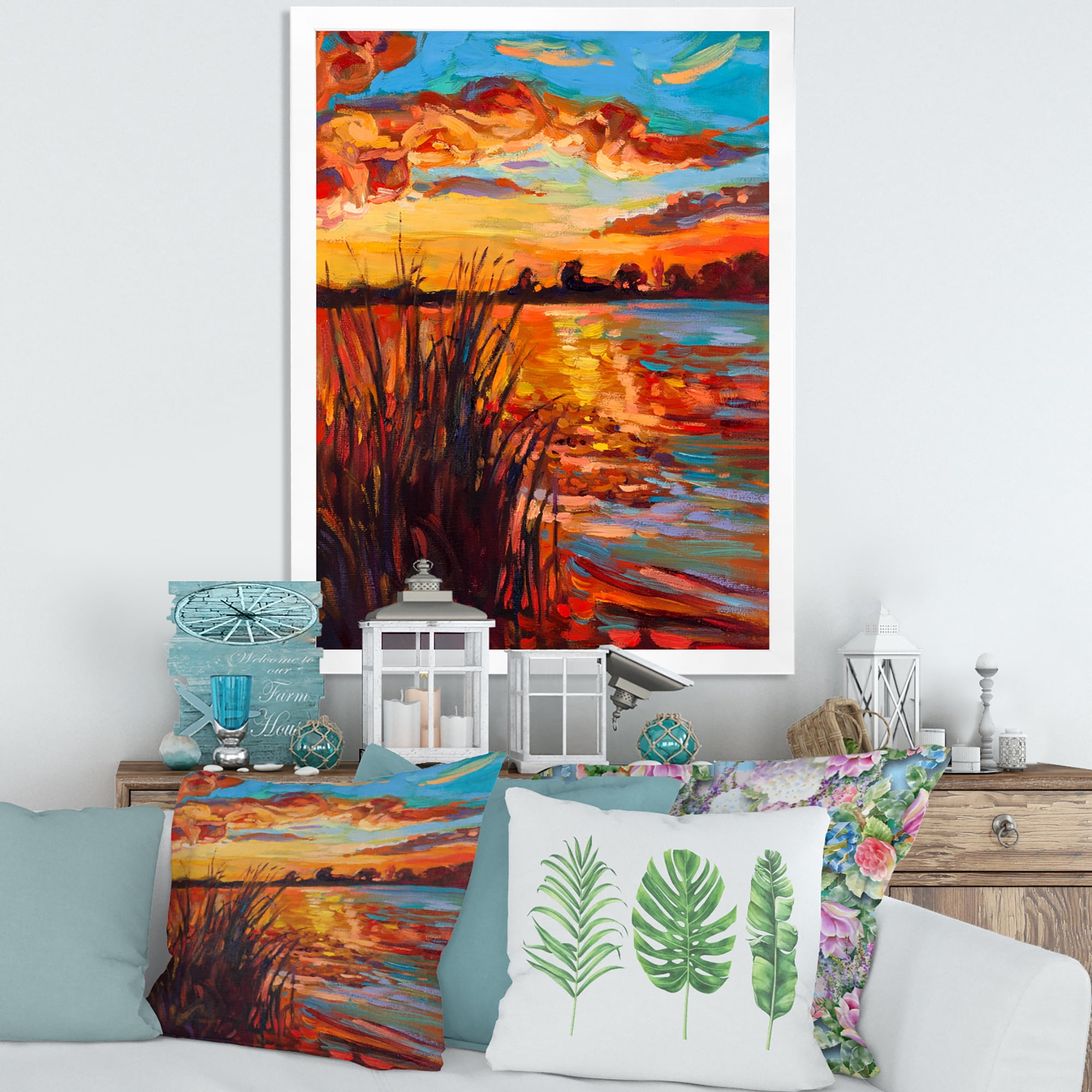 Designart 'The Lake At Sunset Evening Glow I' Nautical & Coastal Framed Art Print