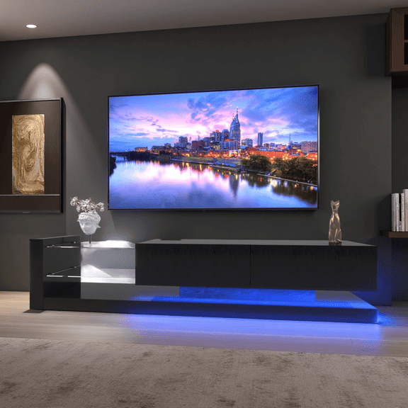 TV Console Table with Storage Cabinets, RGB LED TV Stand with 31 Modes & Remote Control, Modern Entertainment Center for 75 inch TV, Black