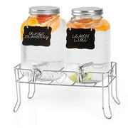 Outdoor Glass Beverage Dispenser 2 Pack with Sturdy Metal Base, Hanging Chalkboards & Stainless Steel Spigots - Double Drink Dispensers for Lemonade, Tea, Cold Water & More