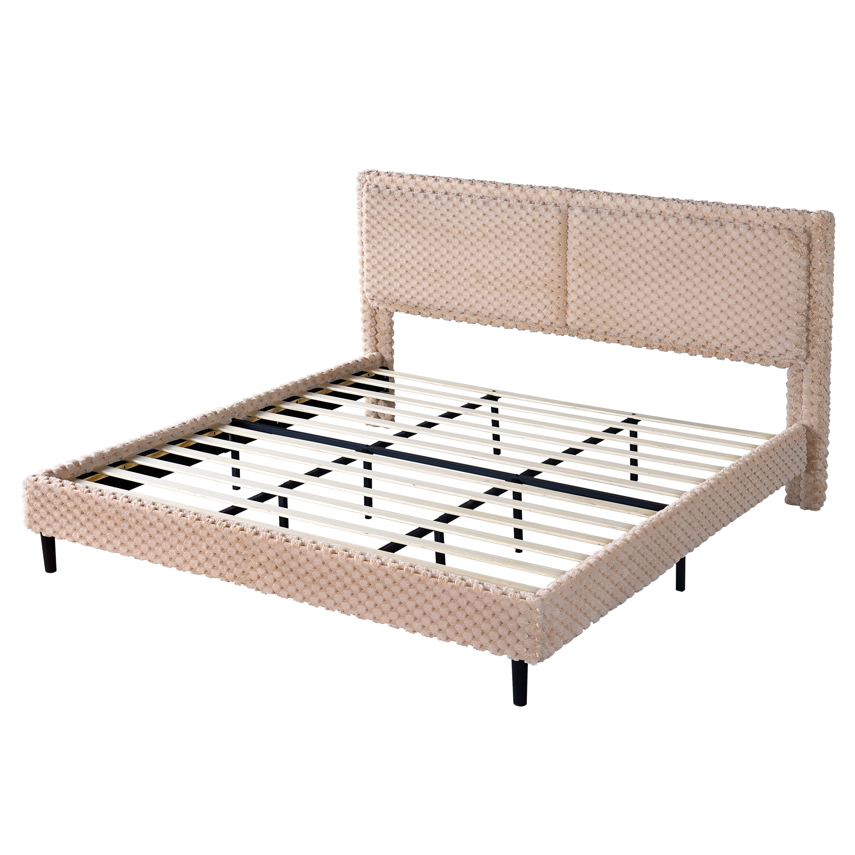 Mintazer King Size Upholstered Platform Bed Frame with Wingback Headboard, Textured Plush Fabric Bed with Metal Support, No Box Spring Needed, Camel