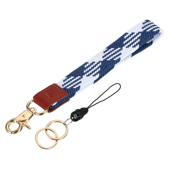 Uxcell 7.6" Keychain Wristlet, Key Chain Wristlet Bracelet Braided Wrist With Double Rings Blue White