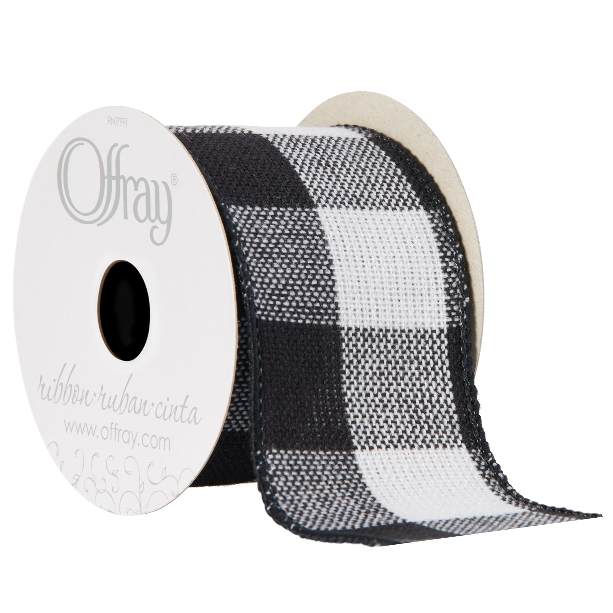 Offray Ribbon, White and Black Buffalo Check 2 1/2 inch Wired Edge Woven Ribbon for Crafts, Gifting, and Wedding, 9 feet, 1 Each