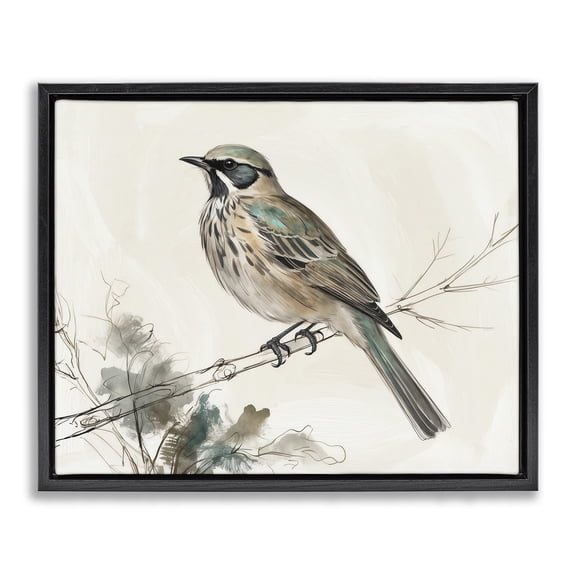 Stupell Industries Perched Bird Illustration Animals Painting Black Floater Framed Canvas Art Print Wall Art, 21 x 17