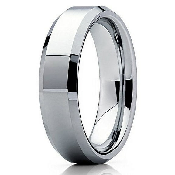 Tungsten Wedding Band 6mm Tungsten Ring Tungsten Carbide Engagement Ring Polished Silver Beveled Edge Comfort Fit Men & Women