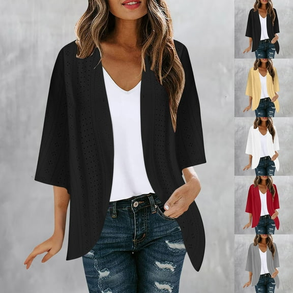 ZZwxWA Womens Cardigans Lightweight Casual Eyelet Open Front Solid Color Fall Vacation Cover ups Dressy Jacket Outwear