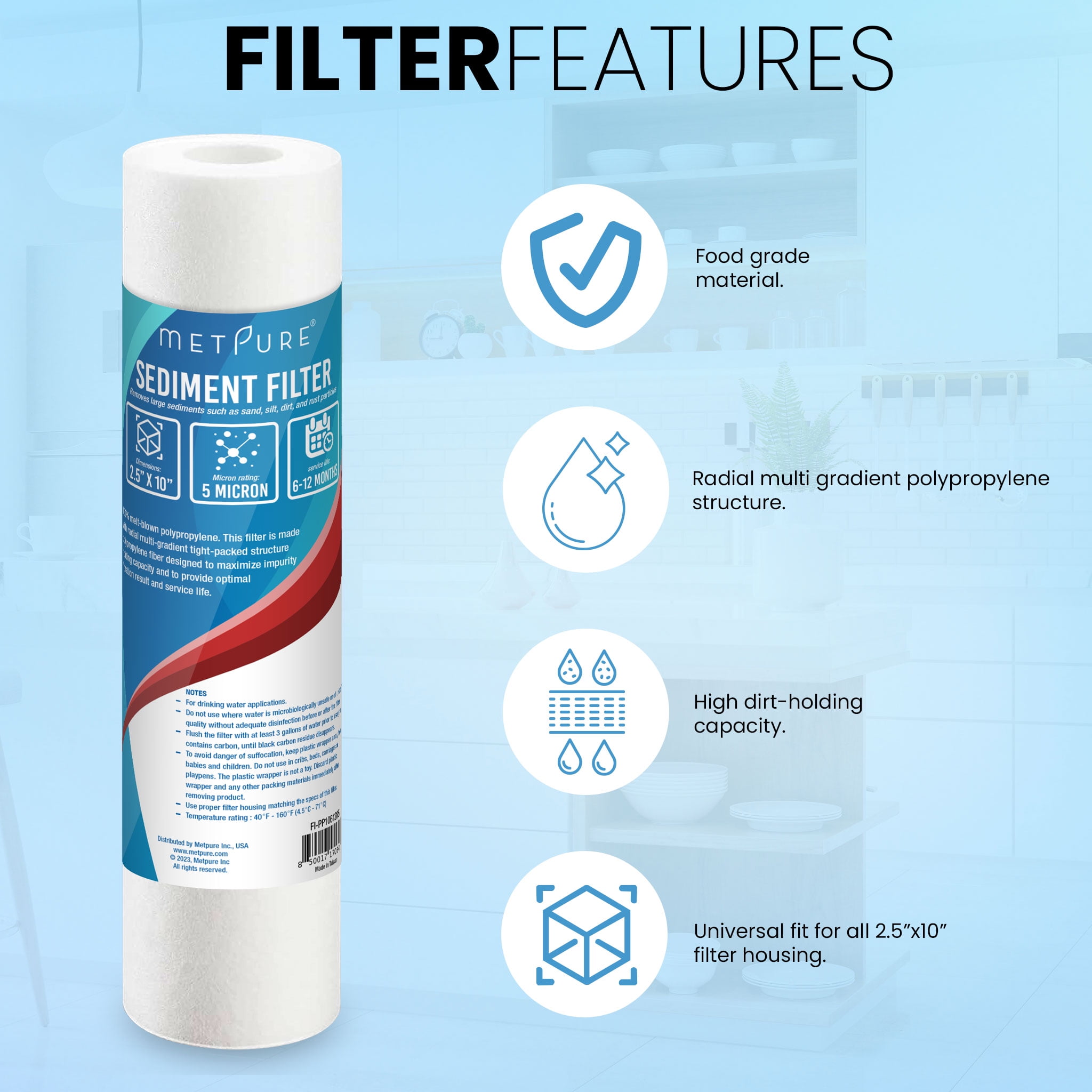 Metpure 6-Pack 2.5” x 10” 5 Micron Sediment Filters for Standard RO & Whole House Water Filtration
