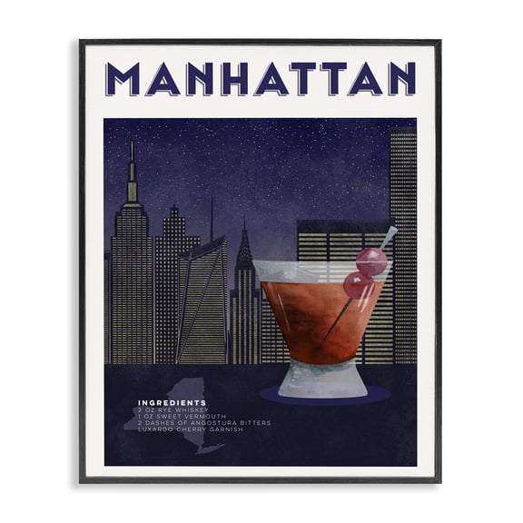 Retro Manhattan Cocktail Cityscape Black Framed Giclee Art, design by Brett Blumenthal