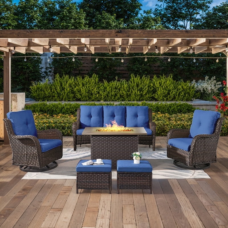 6 Piece Patio Furniture Set with 41" Fire Pit Table, Outdoor All Weather Wicker Rattan Furniture with Swivel Rocking Chairs, Ottomans and 3-Seat Sofa for Backyard Balcony Deck, Blue/Brown
