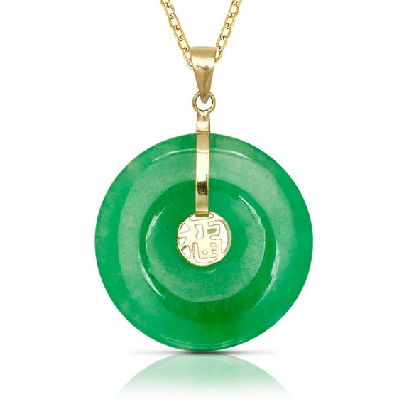 Jewelryweb Real 14k Yellow Gold 16 Inch Green Dyed Jade Circle Donut Necklace (20mm X 30mm) Pendant Necklace for Women