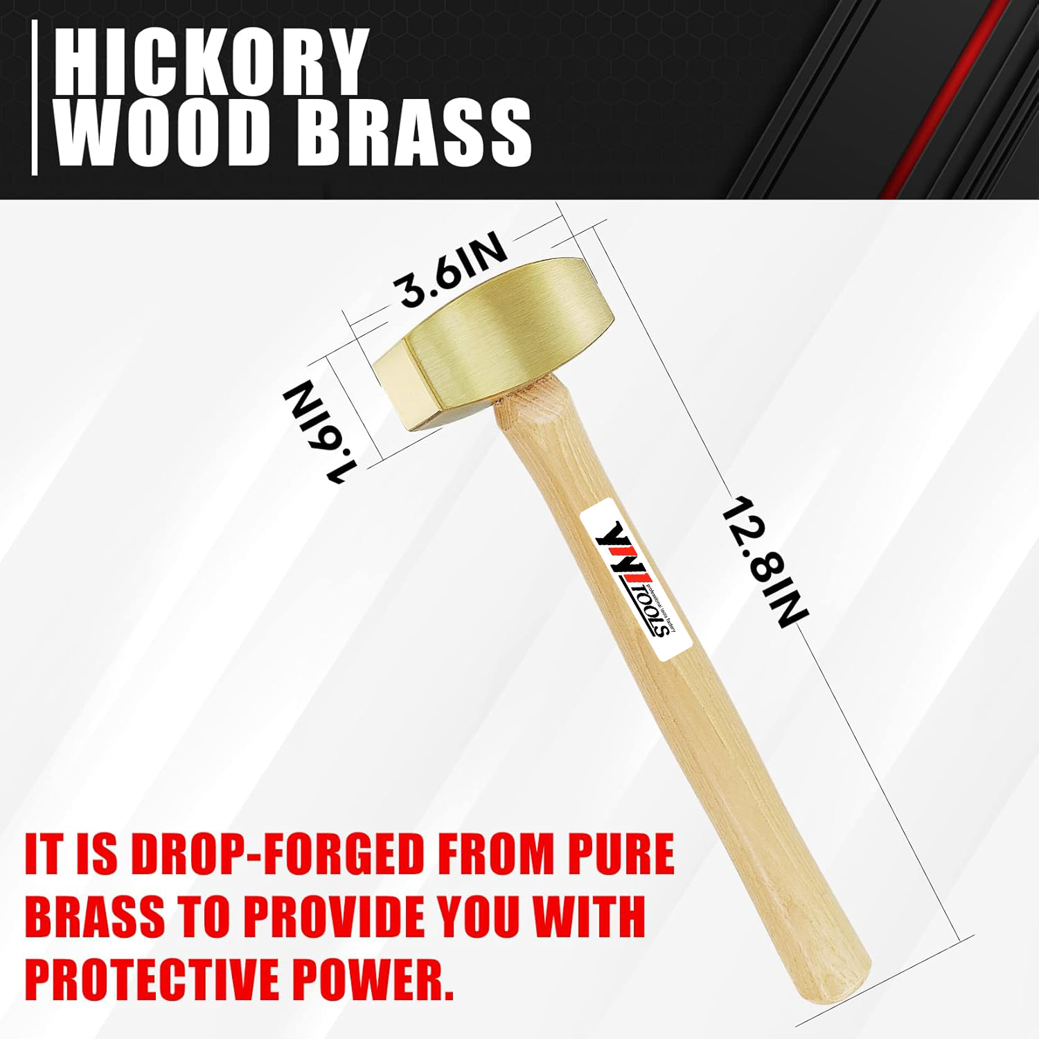YIYITOOLS 2lb Solid Brass Non-Sparking Mallet Hammer, Hickory Wood Handle