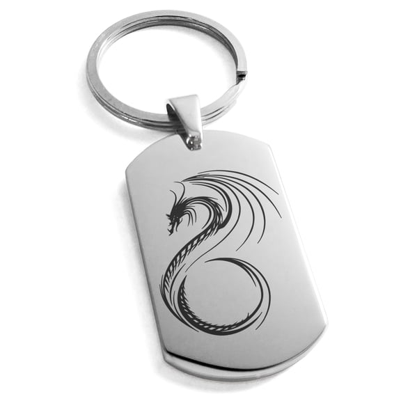 Stainless Steel Serpentine Dragon Engraved Dog Tag Keychain Keyring