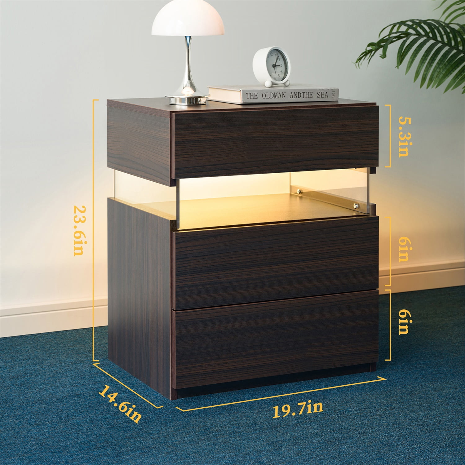 Hommoo 3 Drawer Dresser LED Nightstands, End Table Bedside Tables for Bedroom, Living Room, Walnut