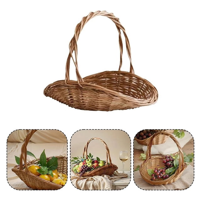 Cesta de Mimbre Tejida con Asa, Portátil para la Cosecha del Jardín, Cestas Almacenamiento Multiusos.