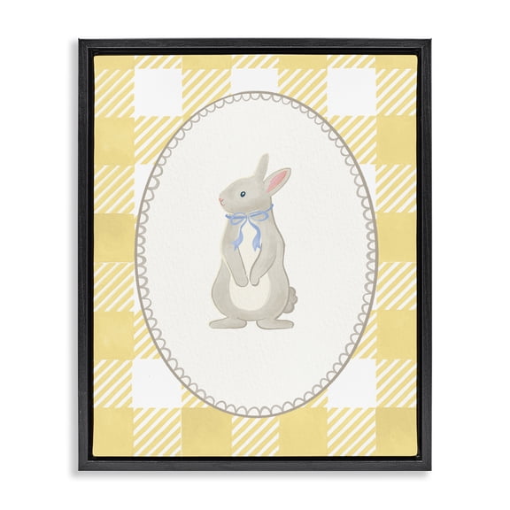 Stupell Industries Farmhouse Little Bunny on Yellow Gingham Black Floating Frame Canvas Art, 17 x 21, by The Paper Curator