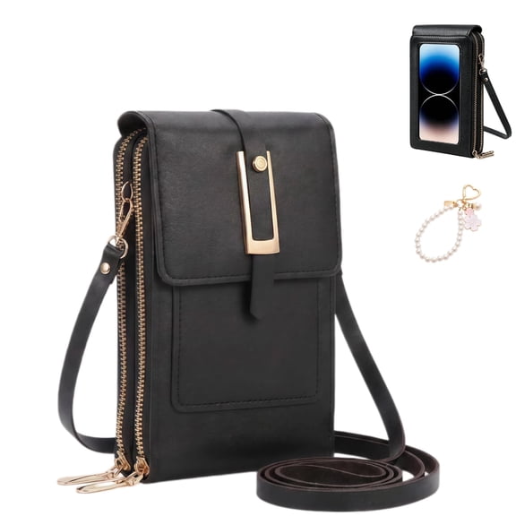 TouchScreen Crossbody Phone Bag for Women, Anti-Theft Leather Cell Phone Purse with Clear Window, Small Travel Shoulder Bag for Shopping & Everyday Use, Black