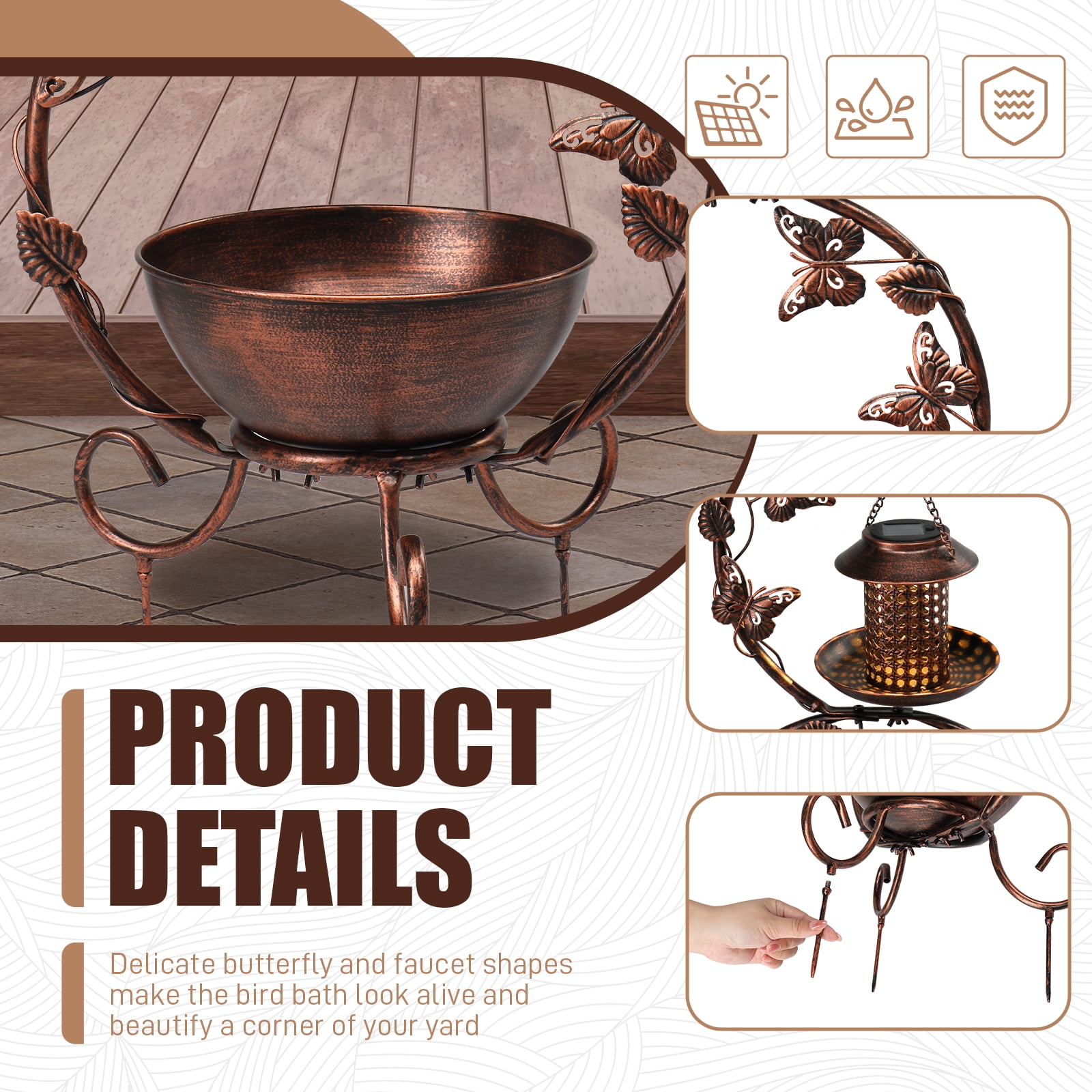 UBesGoo Weather Resistant Metal Bird Bath with Butterfly,  37.8" H Bird Bath,  Solar Feeder and Flower Planter Pedestal, Outdoor Garden Yard Decoration