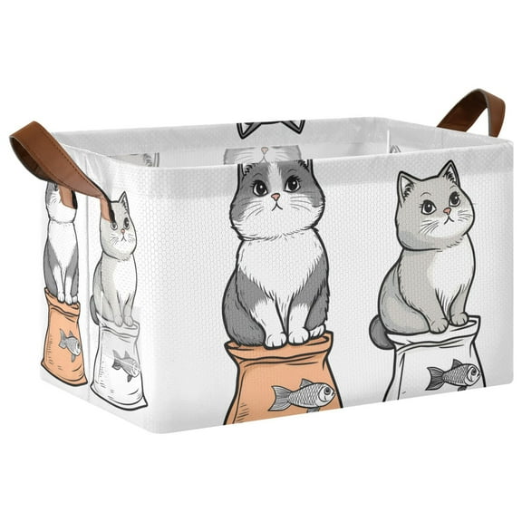 Yayeee Foldable Storage Basket for Shelves with Handles Waterproof Cloth Bins, Gray Cute Chubby Cat