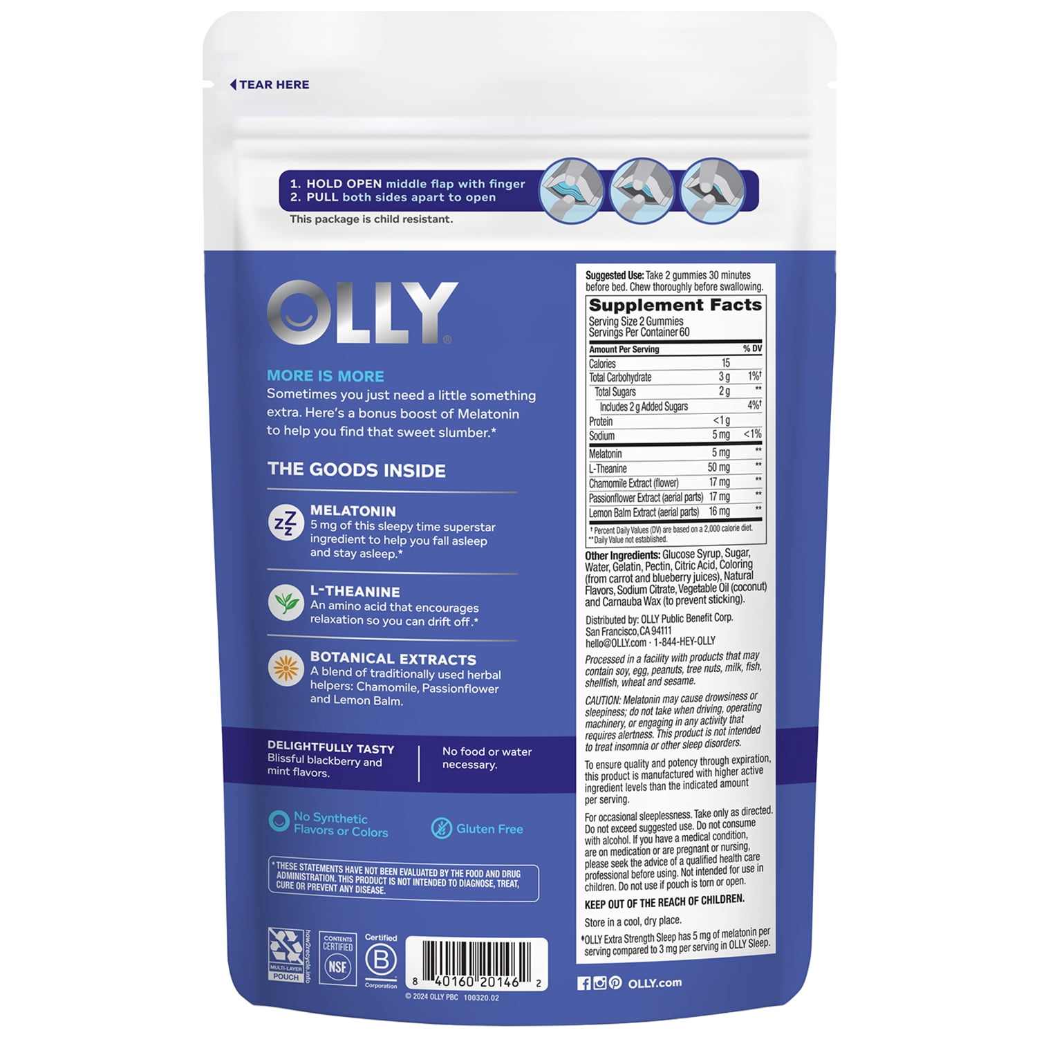 OLLY Extra Strength Sleep Gummy Supplement, 5 mg Melatonin, L-Theanine, Blackberry Zen Flavor, 120 Ct Pouch