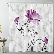 HVEST Purple Daisy Shower Curtain for Bathroom,Butterfly with White Floral on Abstract Grey and White Marble Fabric Shower Curtain with Hooks,Modern Rustic Bathroom Curtains Shower Set,72x78 inches
