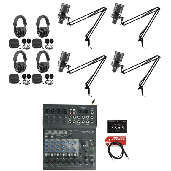 Rockville 4-Person Podcast Podcasting Kit w/ 10-Ch. Mixer Mics Headphones Booms
