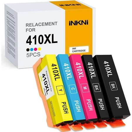 410XL Ink Cartridge for Epson 410 XL 410XL for Epson Expression XP-830 XP-640 XP-530 XP-630 XP-635 XP-7100 Printer (1 Black  1 Photo Black  1 Cyan  1 Magenta  1 Yellow) 410XL Ink Cartridge for Epson 410XL 410 XL for use with Epson Expression XP-830  XP-640  XP-530  XP-630  XP-635  XP-7100 Printer (5 pack) · 1 x 410 XL Black High-yield ink cartridge · 1 x 410 XL Photo Black High-yield ink cartridge · 1 x 410 XL Cyan High-yield ink cartridge · 1 x 410 XL Magenta High-yield ink cartridge · 1 x 410 XL Yellow High-yield ink cartridge Compatible For Printers： Expression Premium XP-7100  XP-530  XP-630  XP-635  XP-640  XP-830 Estimated Page Yield is up to 500 pages per 410XL Black ink cartridge，650 pages per 410XL Photo Black ink cartridge  650 pages per 410XL Tricolor ink cartridge at 5% coverage (A4/Letter). INKNI BRAND As one of the world s largest compatible consumables manufacturers  we are committed to providing you with the most complete series of models to help you print more easily  affordable and can rely on. Our professional after-sales service can provide you with professional and intimate pre-sales and after-sales solutions.