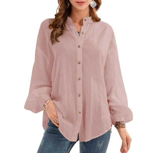 Sonducket Blusa de manga larga con cuello en V para mujer, camisa informal para chica, Top holgado de verano de Color sólido para mujer Prendas para la parte del cuerpo Rosado M
