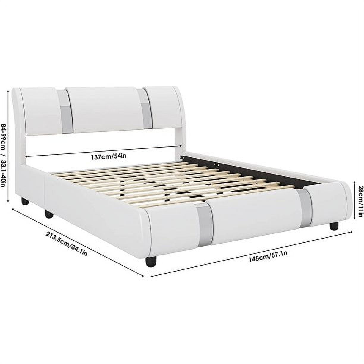 Homfa Full Size Bed Frame, Modern Leather Upholstered Platform Bed Frame with Adjustable White Headboard, No Box Spring Needed