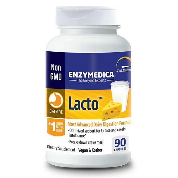 Enzymedica, Lacto, Enzyme Support for Digestive Relief From Lactose Intolerance, Vegan, Gluten Free, 90 capsules (90 servings)