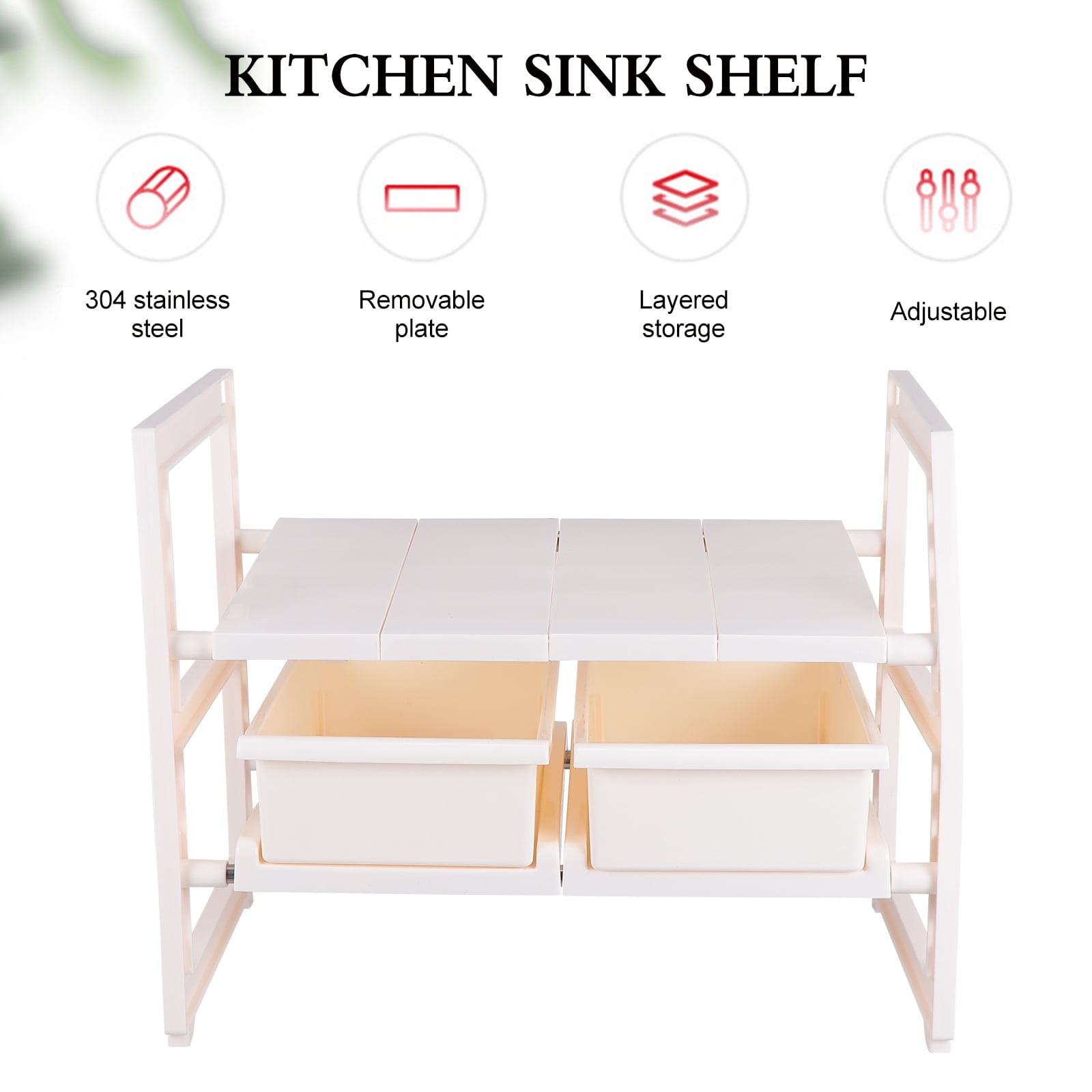 Raindrops White Plastic Under-Sink Cabinet Organizer with Adjustable Shelves, Dual Drawers, and Multi-Purpose Storage Solution