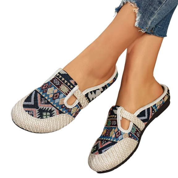 Rokment Women's Bohemian Ethnic Mules Dress Slides Sandals Beach Summer Vintage Casual Closed Toe Wedge Low Heels Comfortable Walking Half Slippers Clogs for Wide Width Black Size 6