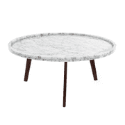 The Bianco Collection  31 in. Cassara Round Italian Carrara White Marble Coffee Table with Walnut Legs