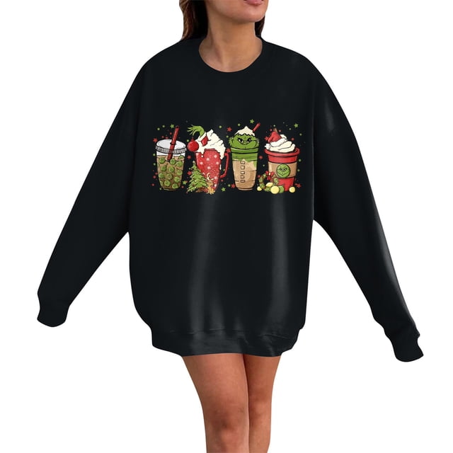 Chandail de Noël Grinch pour Femmes Grande Taille Mode Décontractée Imprimé de Noël Manches Longues Col Rond Chandail Ample Chandails en Molleton Grinch Imprimés, 3TG