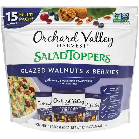 Orchard Valley Harvest Salad Toppers Glazed Walnuts and Berries, 0.85 Ounce Bags (Pack of 15), Salad Toppings, Non-GMO, No Artificial Ingredients