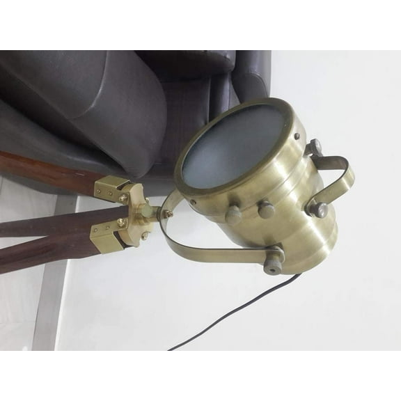 Nautical Antique Brass Floor Lamp With Wooden Tripod Handmade Spot Lamp