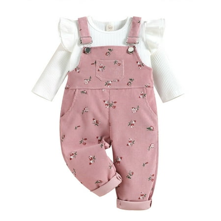 

LWXQWDS Little Girls Long Sleeve Ribbed Tops T-Shirt Suspender Pockets Pants Overalls