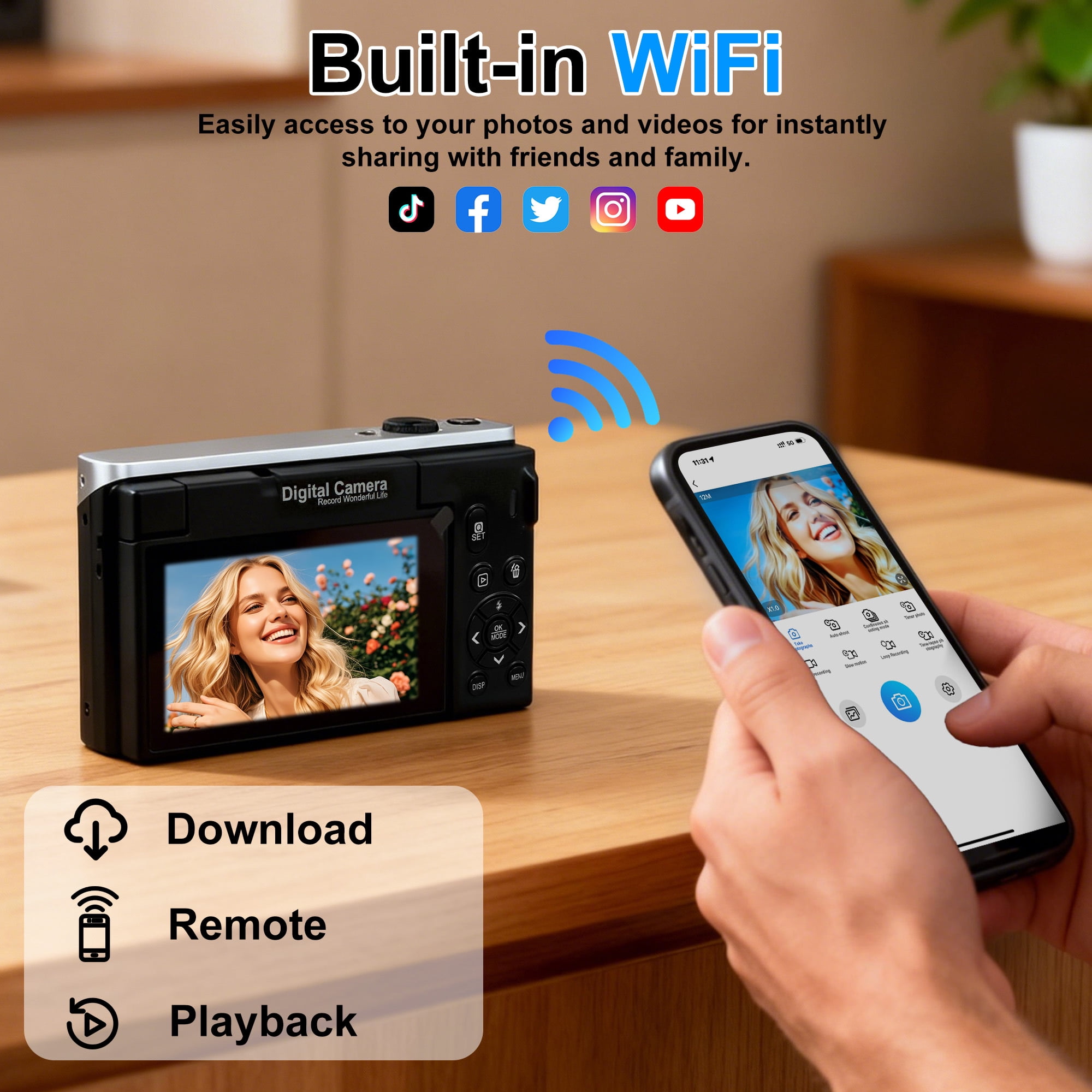Ourlife 4K Vlogging Camera, 75MP Autofocus Compact Camera with Flip Screen, 18X Zoom, WiFi, Tripod & 32GB Card, Black