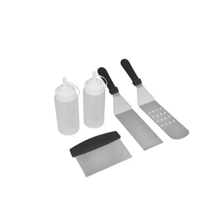 Flat Spatula - Royal Gourmet TF0505 Professional Stainless-Steel Metal Spatula Set, 5 pcs, Flat Scraper Chopper, Pancake Turner, Flipper, 2 Squeeze Bottles, Grill Griddle Camping Tailgating