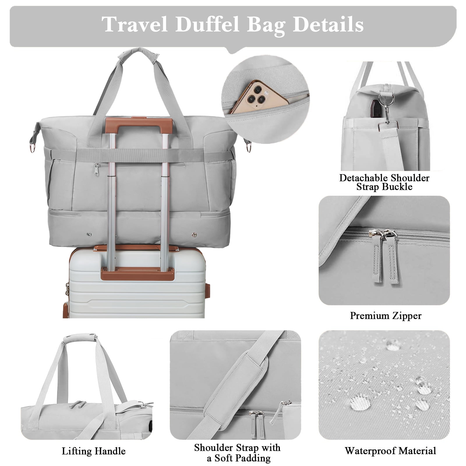 DAKIMOE Travel Duffel Bag for Women Gym Bag with USB Charging Port Large Weekender Overnight Bag Yoga Duffle Bags with Wet Pocket and Shoes Compartment, Gray