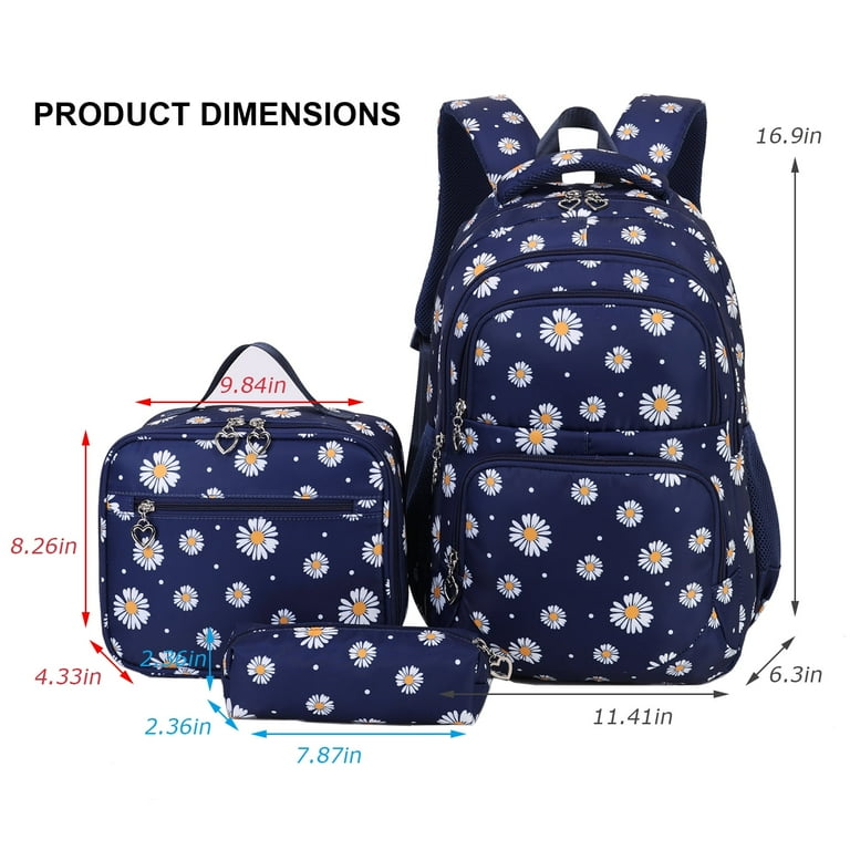 Forestfish Blue Daisy School Backpacks Set for Teen with Lunch Bag Water Resistant Lightweight Large Books Bag Girl s