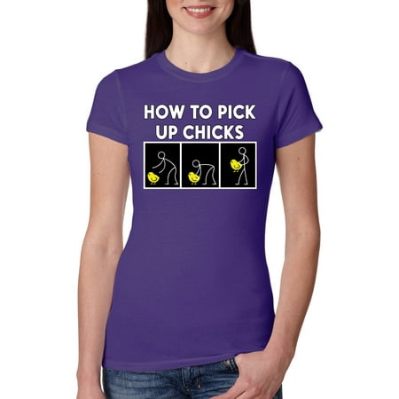 

How To Pick Up Chicks Joke Humor Womens Slim Fit Junior Tee Purple Rush 2XL