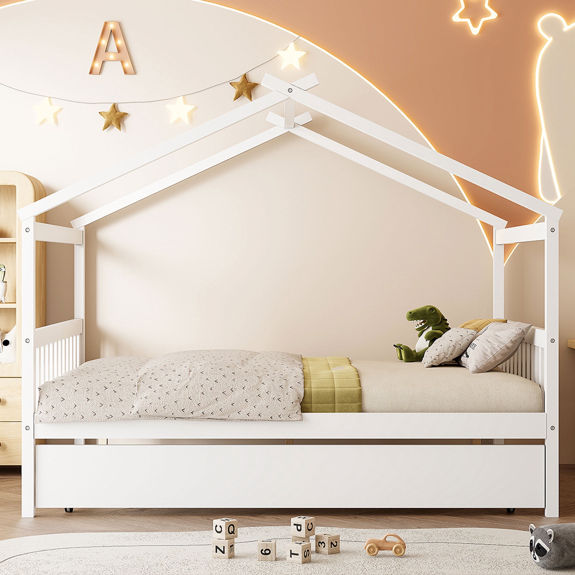 Sailvan Full Size Wooden House Bed with Twin Size Trundle