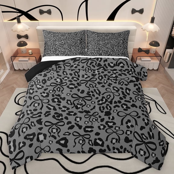 jejeloiu Leopard Cheetah Print Bedding Comforter Set,Ribbon Bow Tie Twin Comforter Sets,Gray Black Bedding Set For Kids,Luxury Bedroom Decor Reversible,2 Pieces