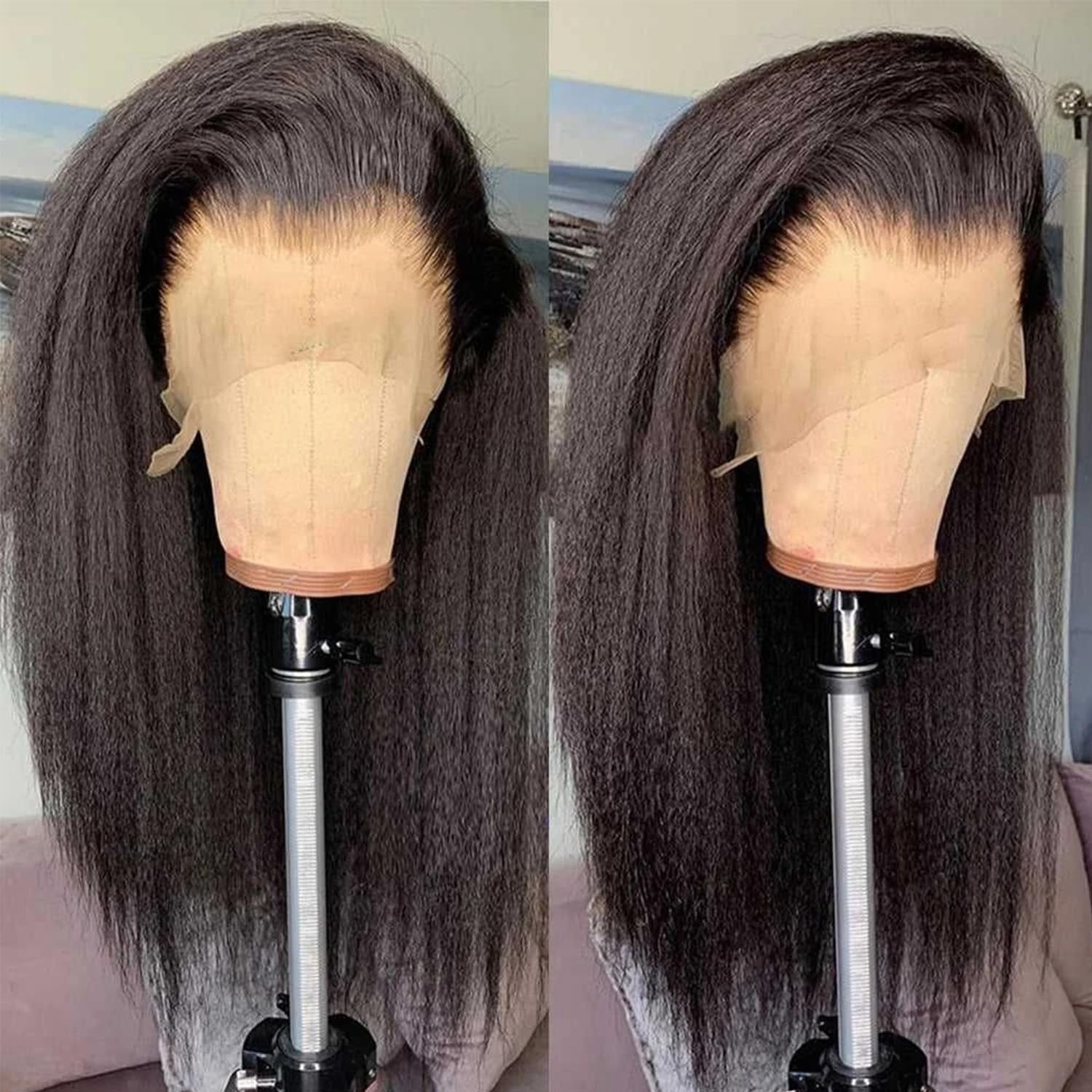Mscathy 13X6 Kinky Straight Human Hair Lace Front Wig Pre Plucked Natural Black 16 Inch 180% Density Yaki Straight Lace Frontal Wigs For Women