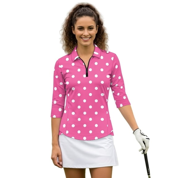 Binienty Pink Polka Dot Women Sport Shirts 3/4 Sleeve Cloth Workout Tennis T-Shirts Quarter Zip Machine Washable for Golf,Tennis,Hiking,Running,Gym