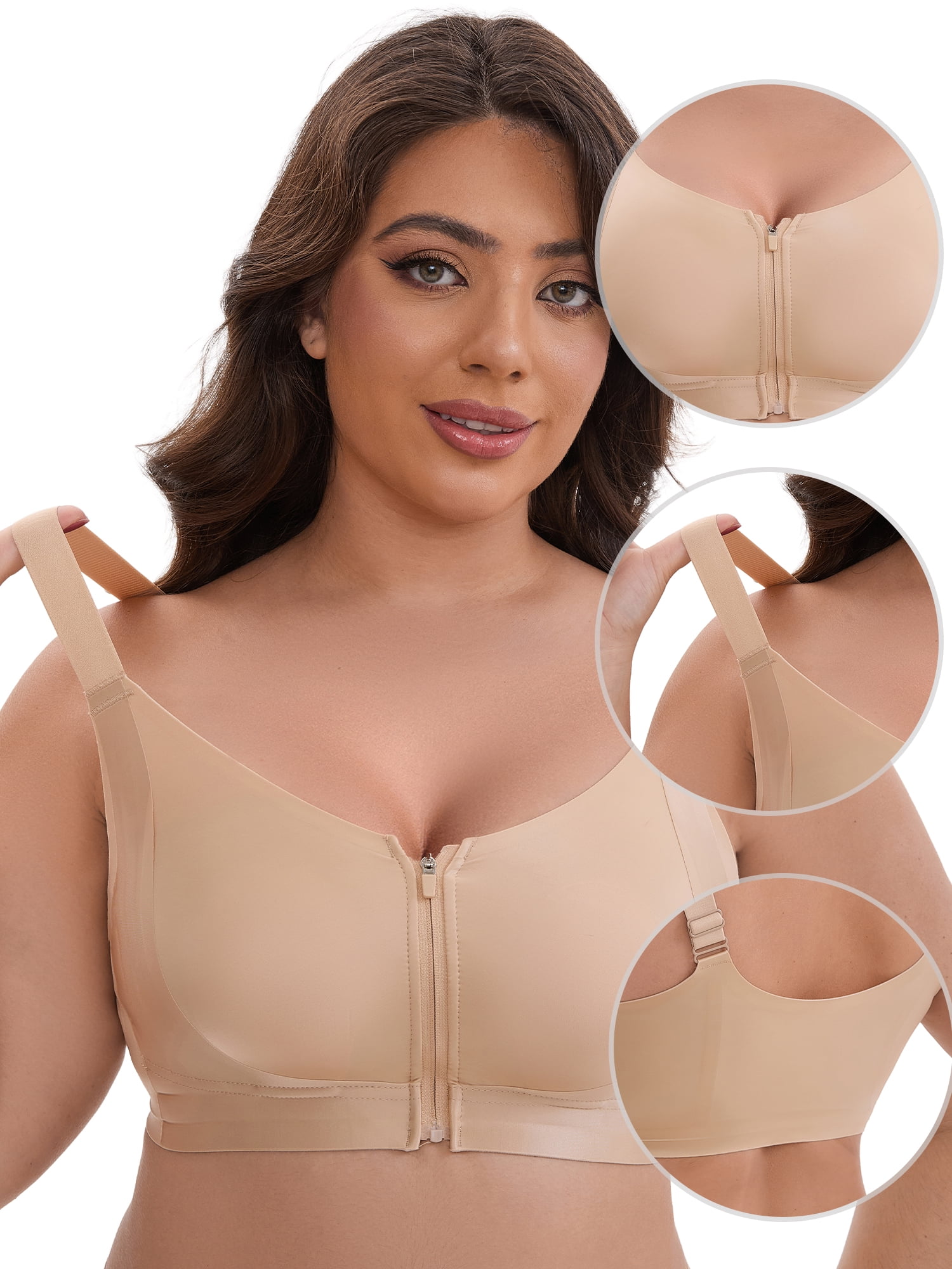 DARING DIVA Zip Front Lift Up Wirefree Full Soft Cup Breathable Bras M Beige