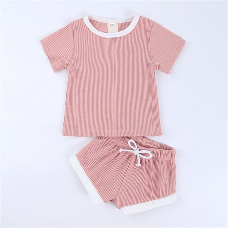 

Toddlers Kids Girls Boys Fashional Ribbed Soild Short Sleeve Top Short Pants Infant 2pcs Pajamas Sleepwear Outfits Set