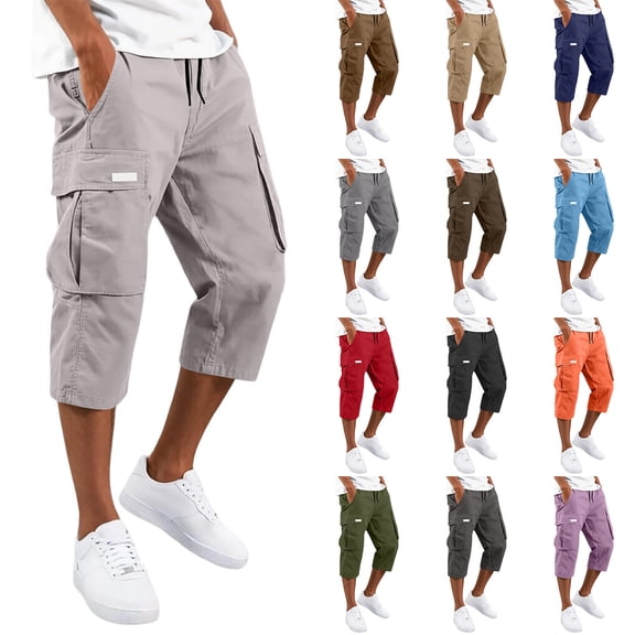 HKYNLAG Mens Long Cargo Shorts Below Knee Breathable Capris Pants Elastic Waist Solid Color Ankle Pants Brown S