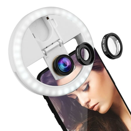 Selfie Light Ring, TSV Rechargeable Circle Clip on Cell Phone Camera LED Ring Light with 0.63? Wide Angle Lens for Samsung Galaxy S10/S10E/S9/S9+, iPhone XS Max/XR/XS and (Best Natural Circle Lenses)