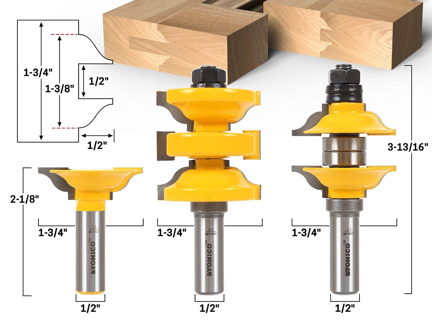 Entry Door with Tenon Cutter 3 Pc. Router Bit Set - 1/2" Shank - Yonico 12346
