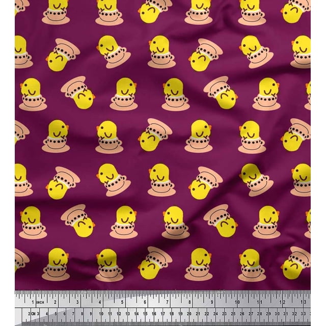 Soimoi polyester Crepe Fabric Cup,Plate & Chick Cartoon Fabric Prints By Yard 42 Inch Wide